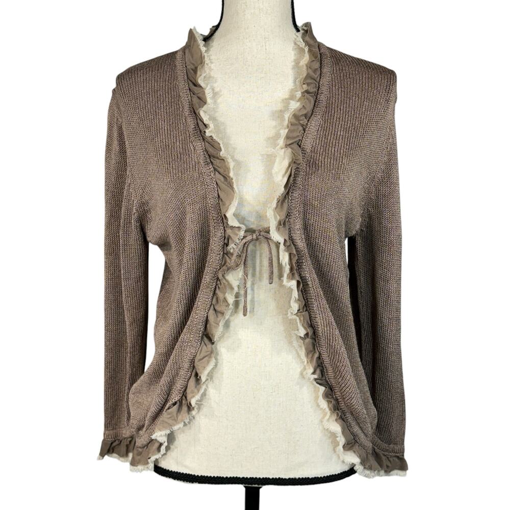 Boden SZ 14 Cardigan Ruffled Tie Front Long Sleeves Linen Blend Stretch Beige